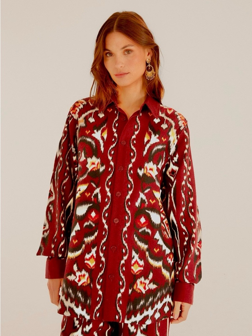 FARM Rio Red Ainika Pineapple Ikat Patterned Button-Up Shirt Size XXS NWT